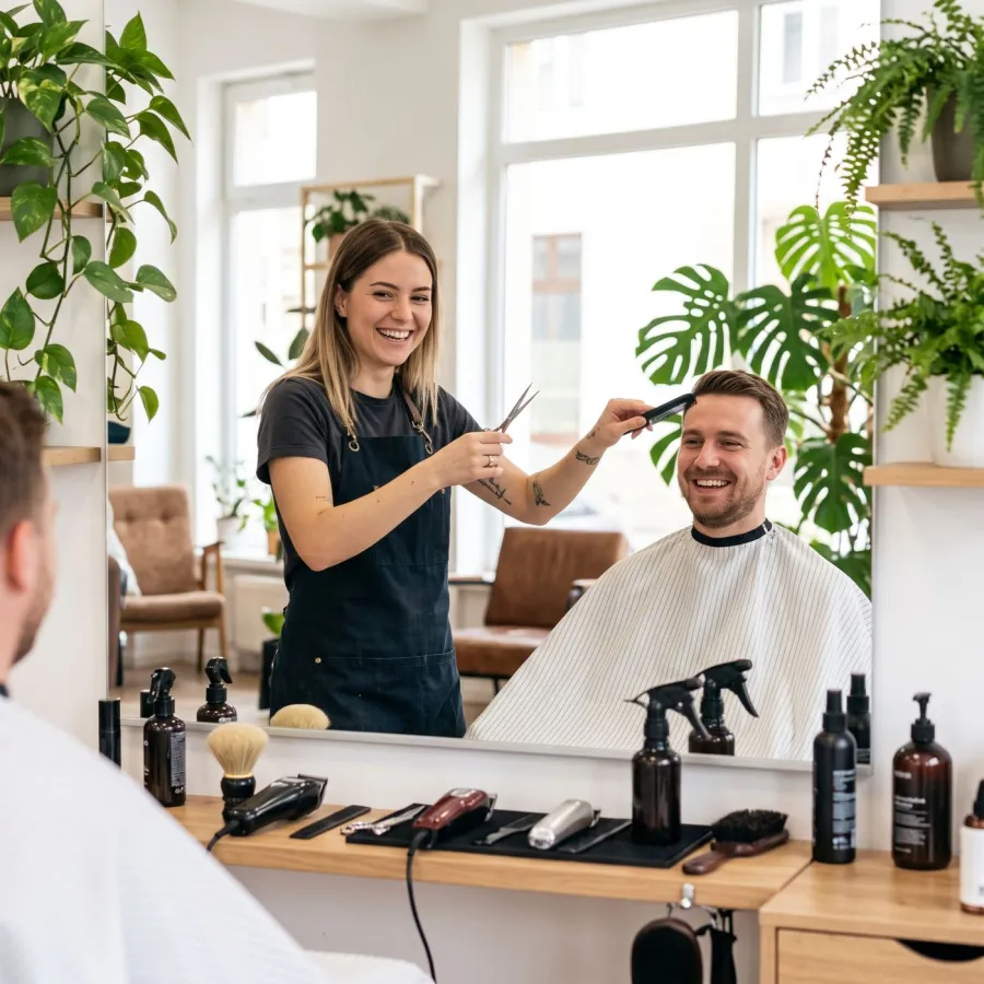 Barber cutting a client’s hair, both laughing into the mirror