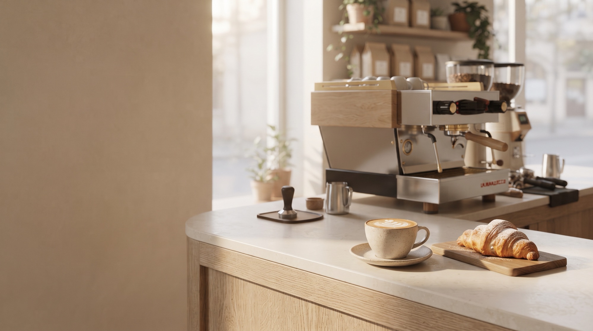 Espresso machine and a cappuccino with a croissant on a café bar