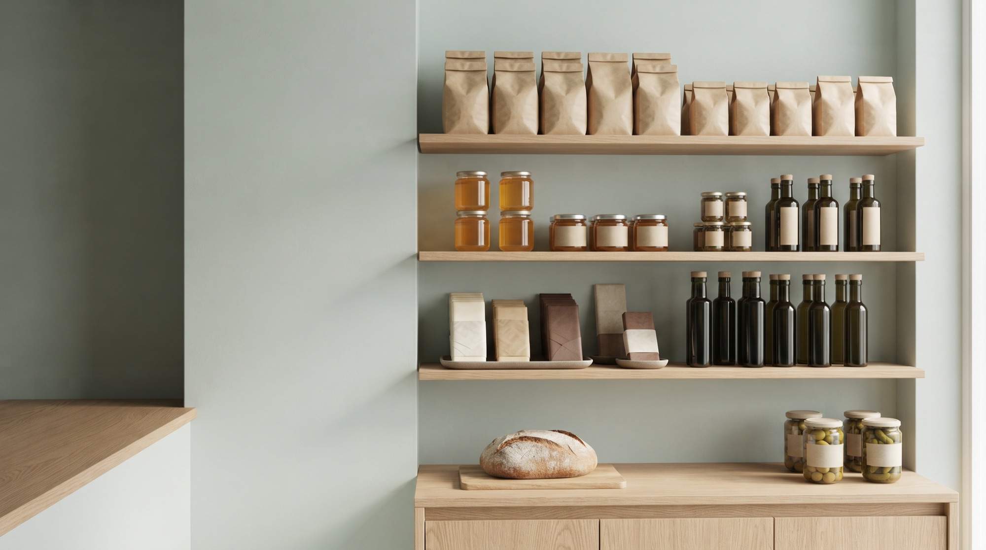 Shelf with coffee, honey and wine in a small shop