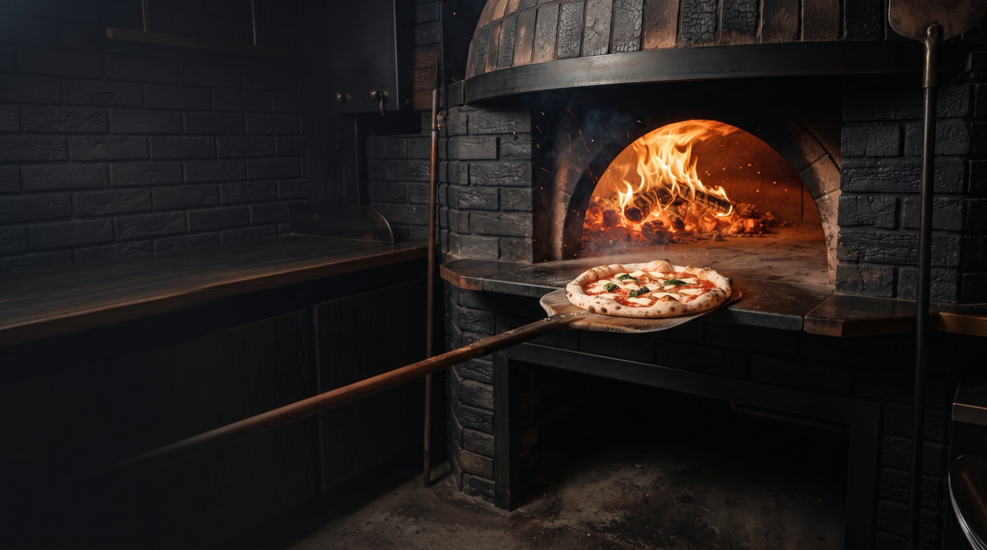 Pizza coming out of a wood-fired oven