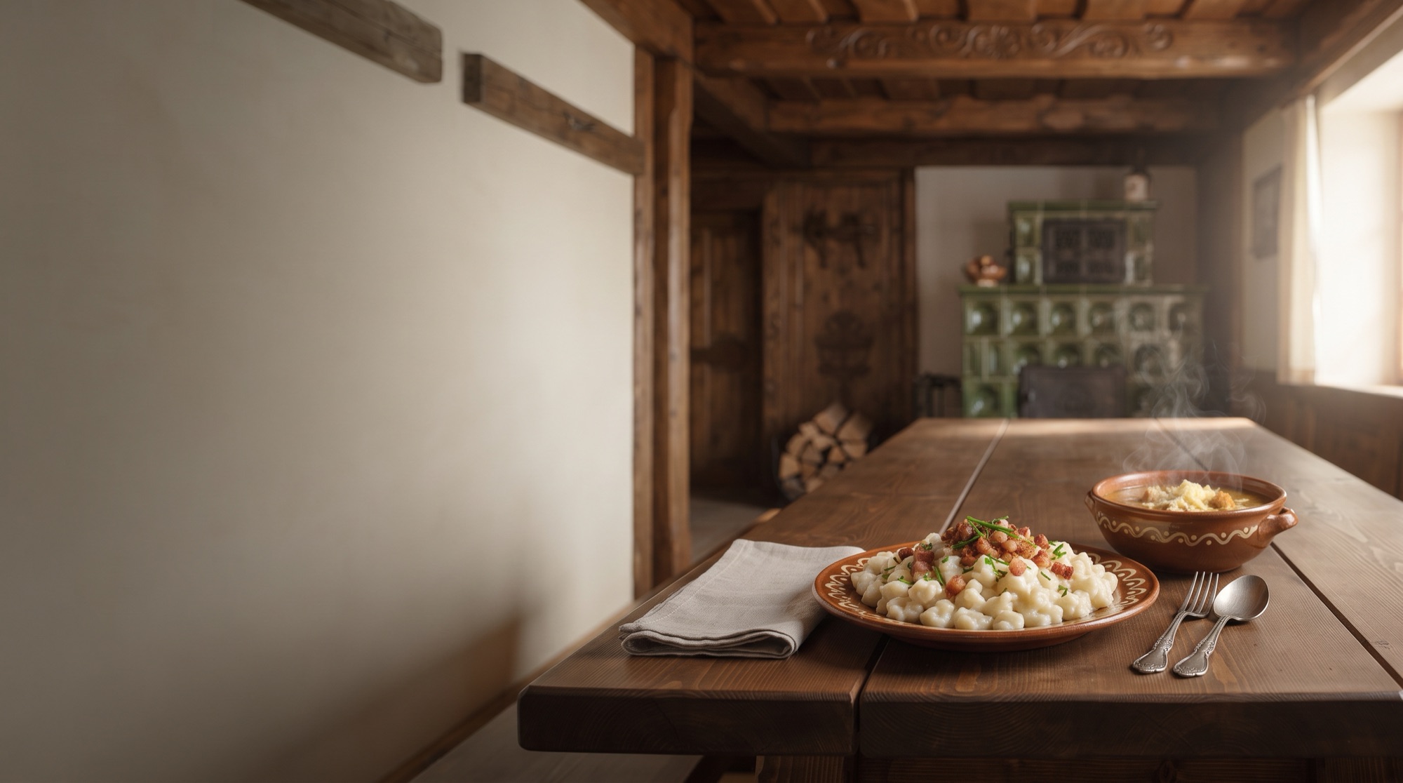 Bryndzové halušky and soup on a wooden table in a rustic restaurant