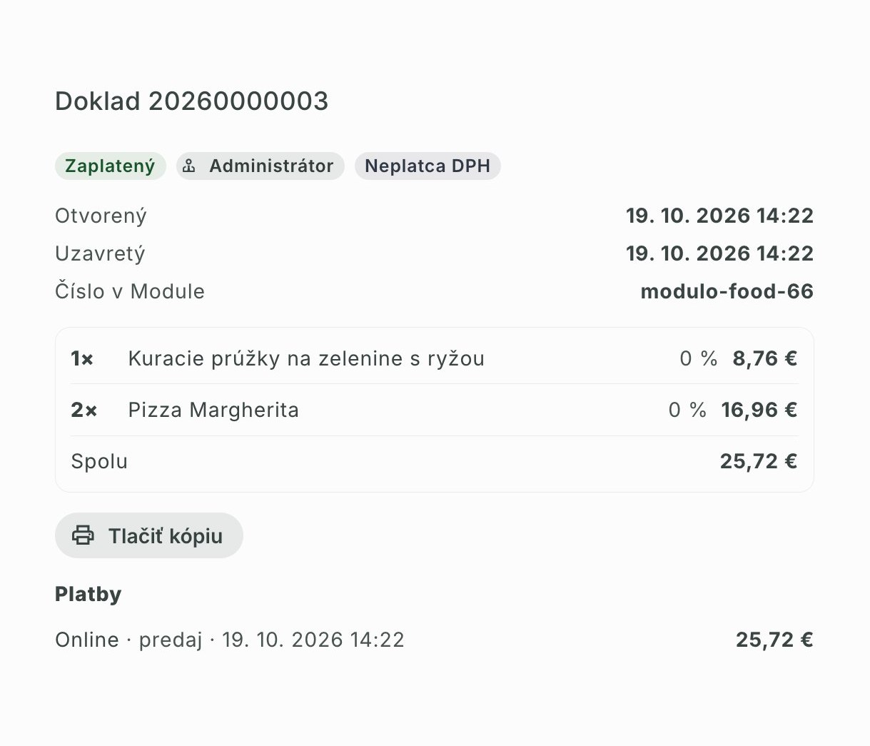 A paid Dotykačka receipt in Modulo with items, total and payment
