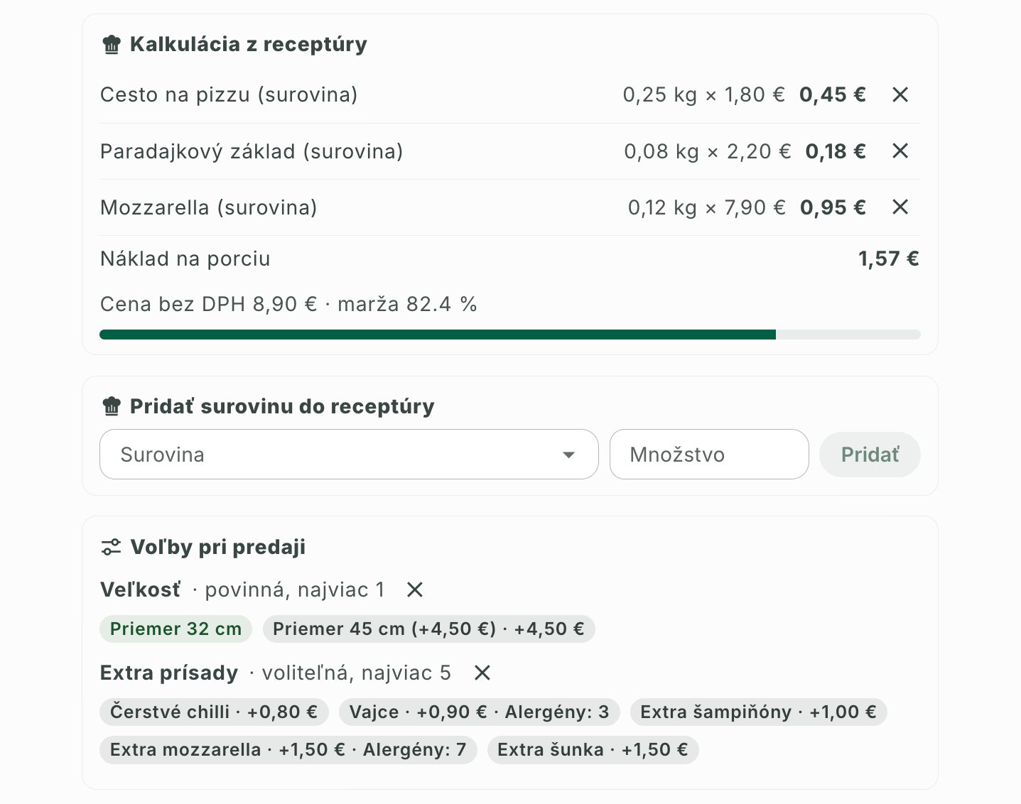 Pizza detail in Modulo: recipe costing, cost per portion, margin and sale options