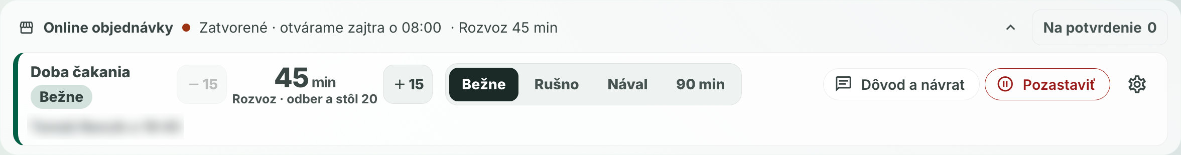 Online orders bar in Modulo: venue status, waiting time and the Normal, Busy, Rush load switch
