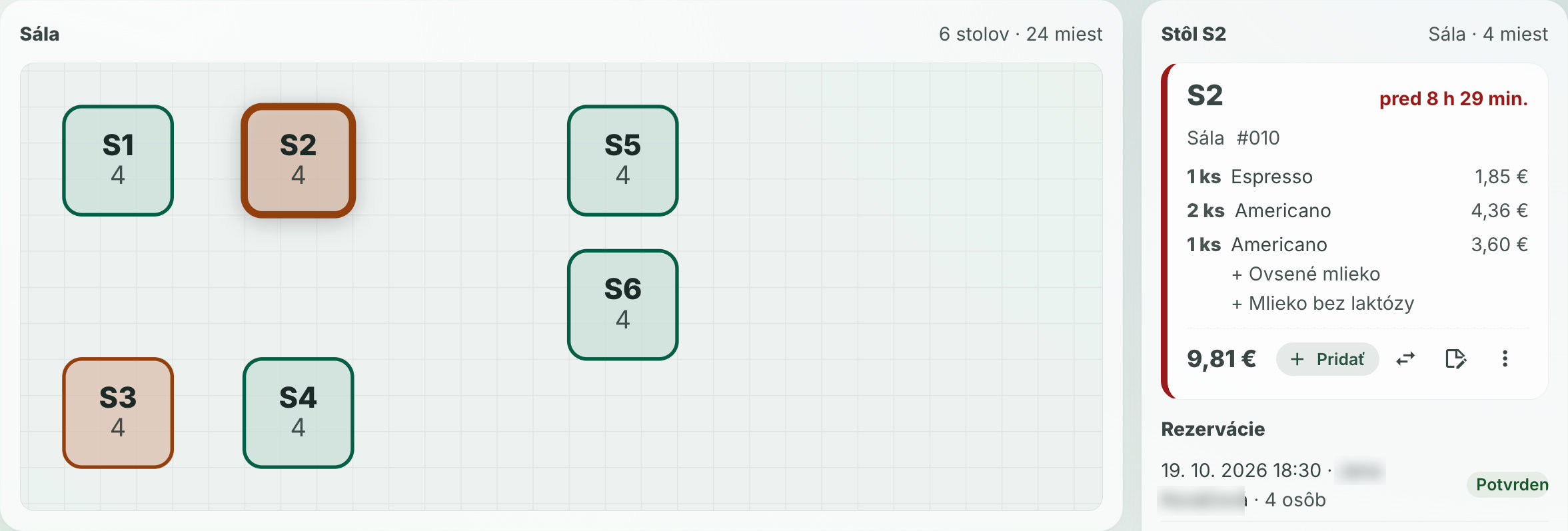 Hall table map in Modulo and the panel of table S2 with an open bill and a reservation