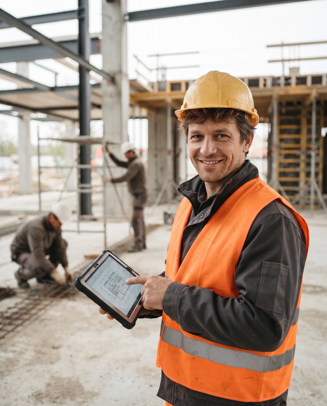 Crew leader with a tablet planning people on a building site