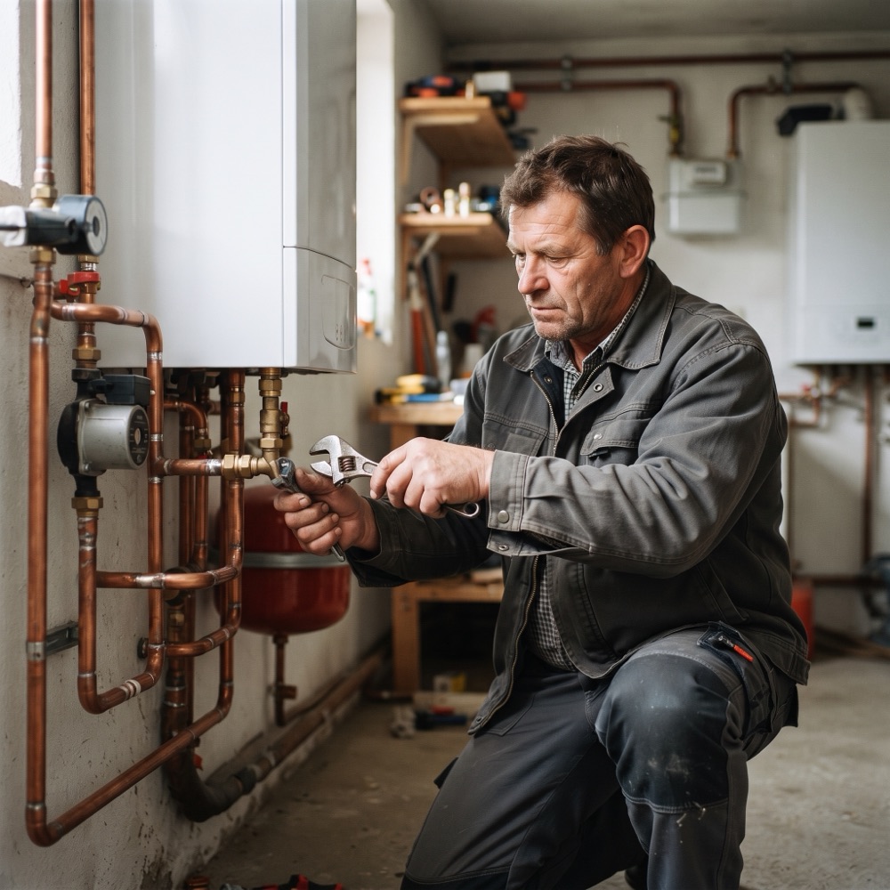 Plumber installing a boiler